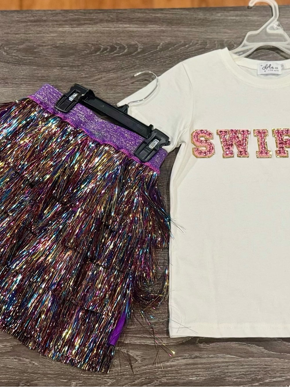 balera White Tee and Multicolor Tinsel Skirt Set with Purple Waistband